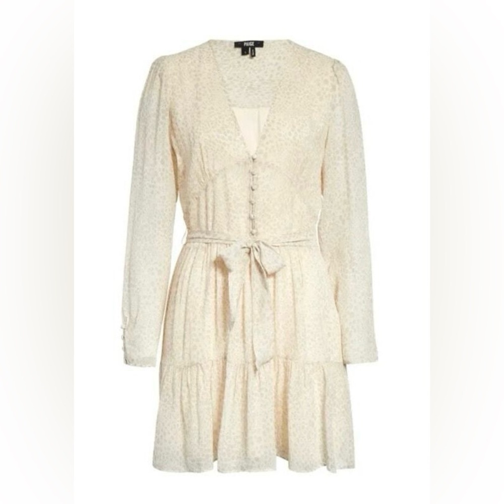 PAIGE Truett Ruffle Long Sleeve Silk Dress Cream Dress, waist tie missing - Picture 3 of 10